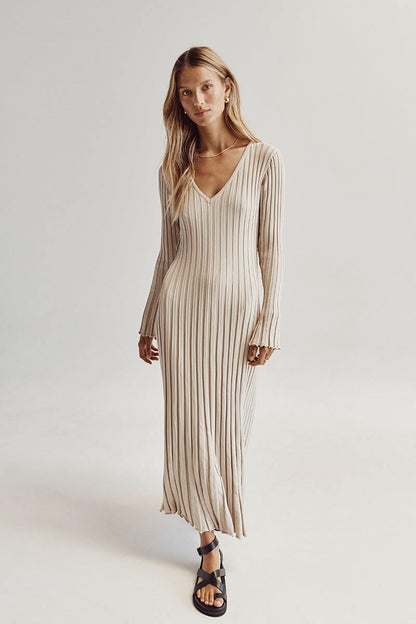 Knitted Midi Dress With V Neckline