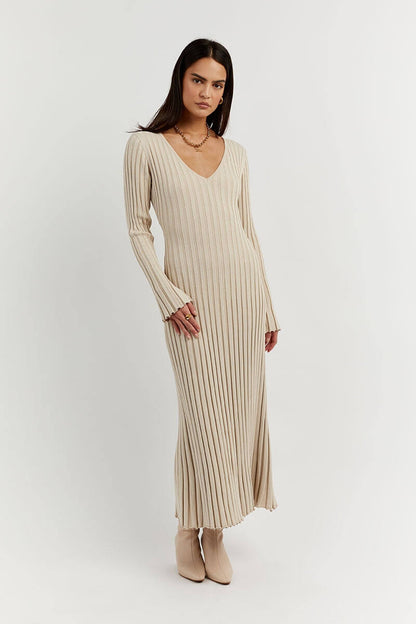 Knitted Midi Dress With V Neckline