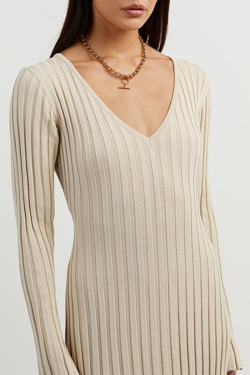 Knitted Midi Dress With V Neckline