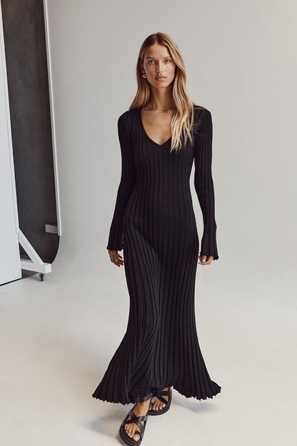 Knitted Midi Dress With V Neckline