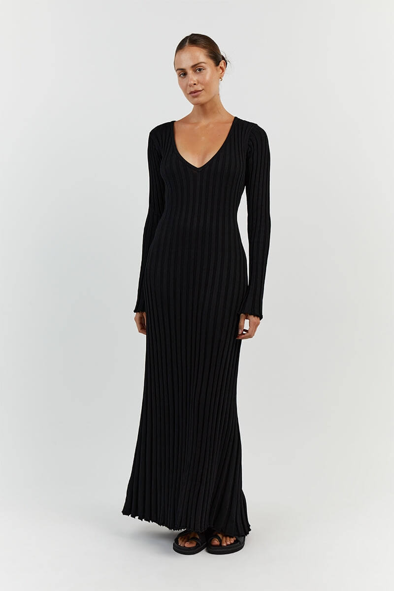 Knitted Midi Dress With V Neckline