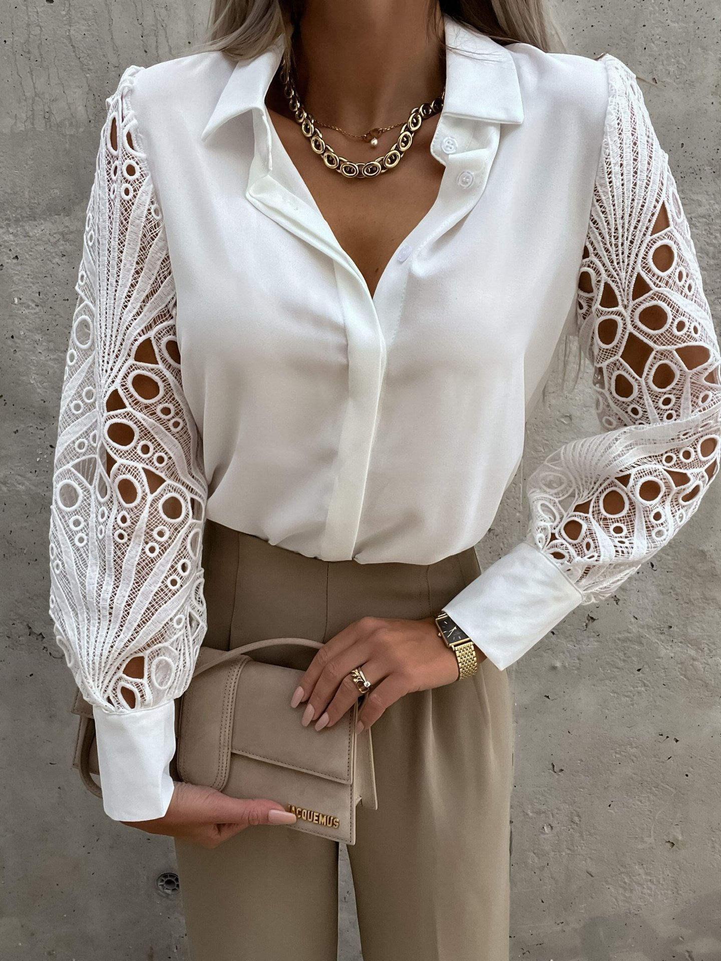 Women's - Elegant V-Neck Blouse with Lace Sleeves - Premium Fabric Stylish Top - Perfect for Any Occasion